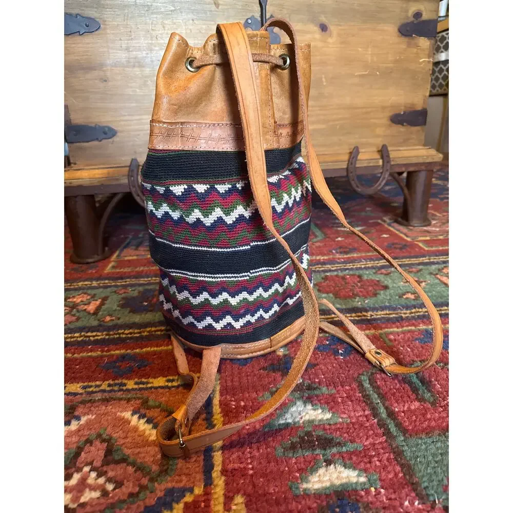 VINTAGE BACKPACK HAND WOVEN WOOL KILIM TOOLED LEATHER SLING PURSE TOTE BAG